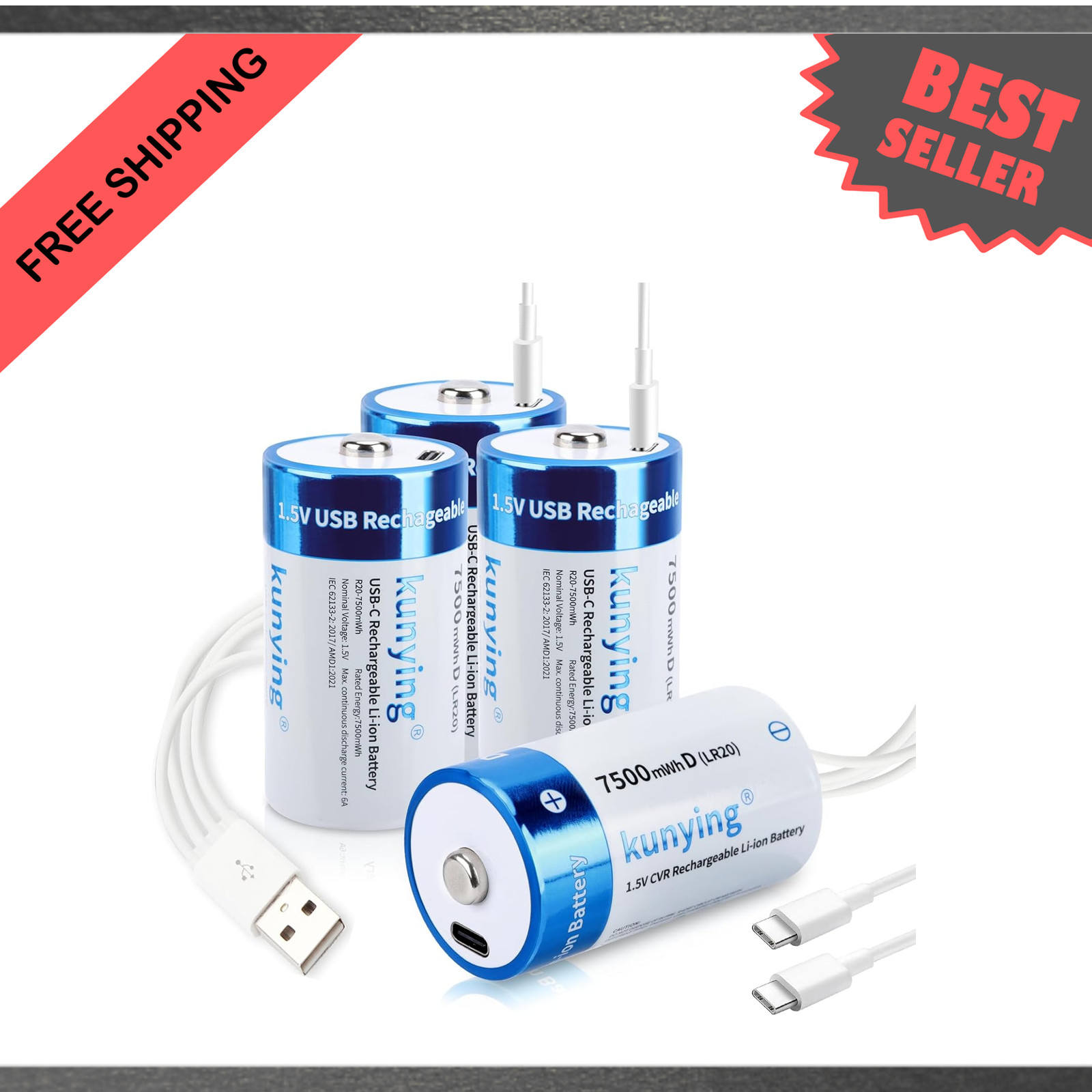 4-Pack Rechargeable Lithium D Batteries 7500mAh USB Charger for Flashlights
