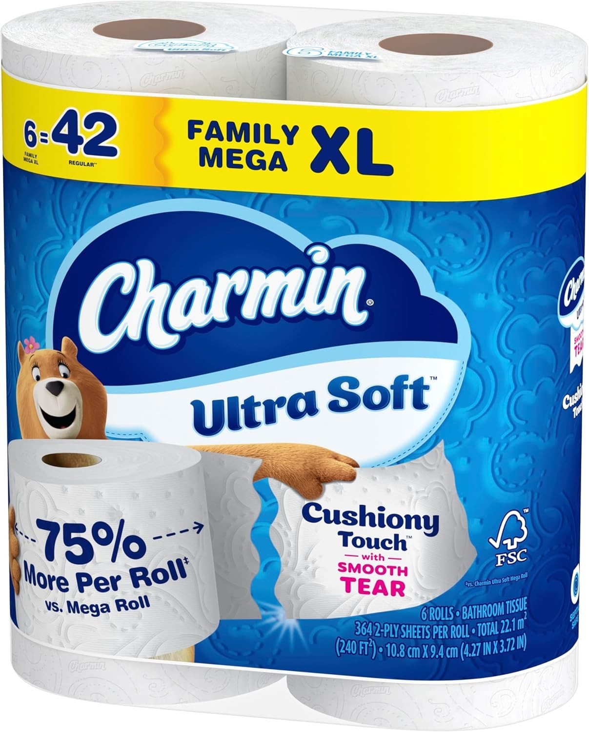 Charmin Ultra Soft Cushiony Touch Toilet Paper, 6 Family Mega XL Rolls = 42 Roll