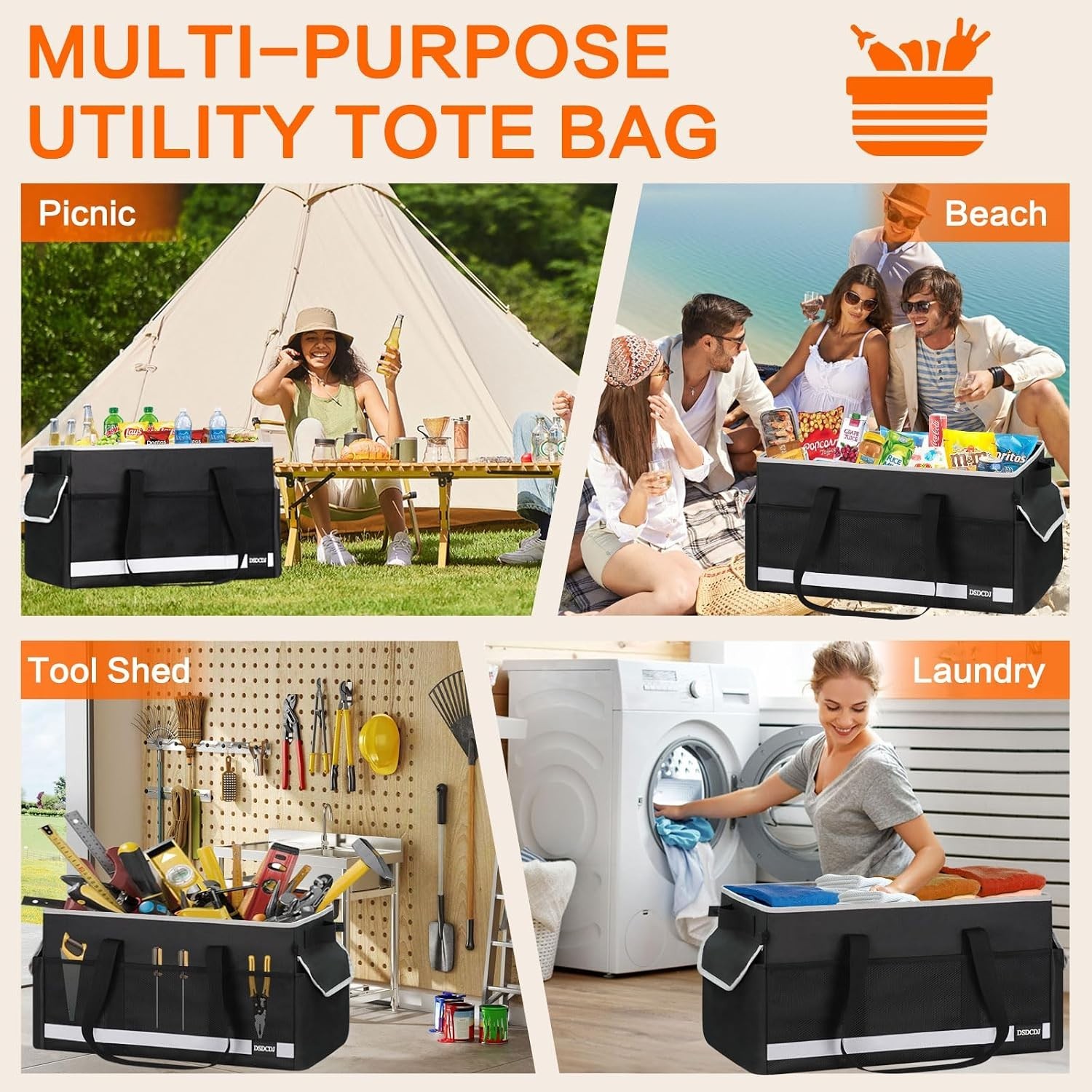 Extra Large Utility Tote Bag – Standing Reusable Grocery Bag with Handle