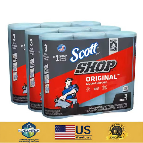 Blue Shop Towel Cleaning Wipes 3-Pack , Bundle of 9 Rolls