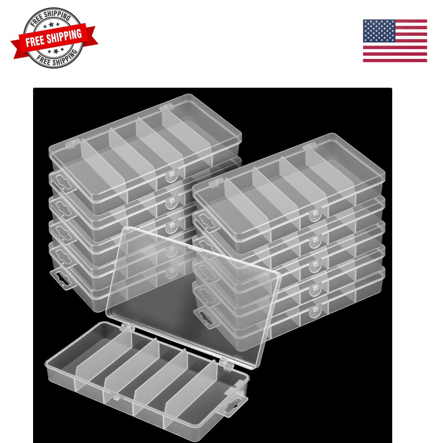 10 Pack 5 Grid Tackle Box Organizer, 6.8″ x 3.7″ x 1.1″ Plastic Organizer Box…