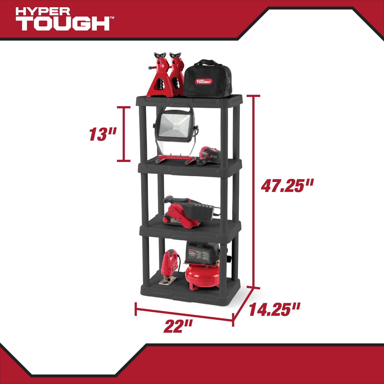 4-Shelf Black Plastic Storage Shelf, 22″ W x 14″ D x 47″ H,