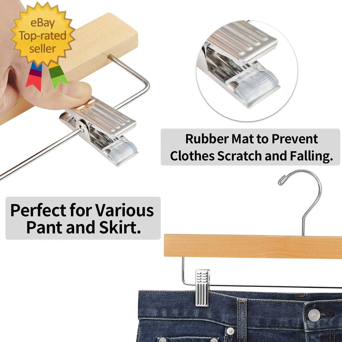 20Pcs Wooden Pants Hangers Solid Pants Hanger with Adjustable Clips 14 Inch Natu