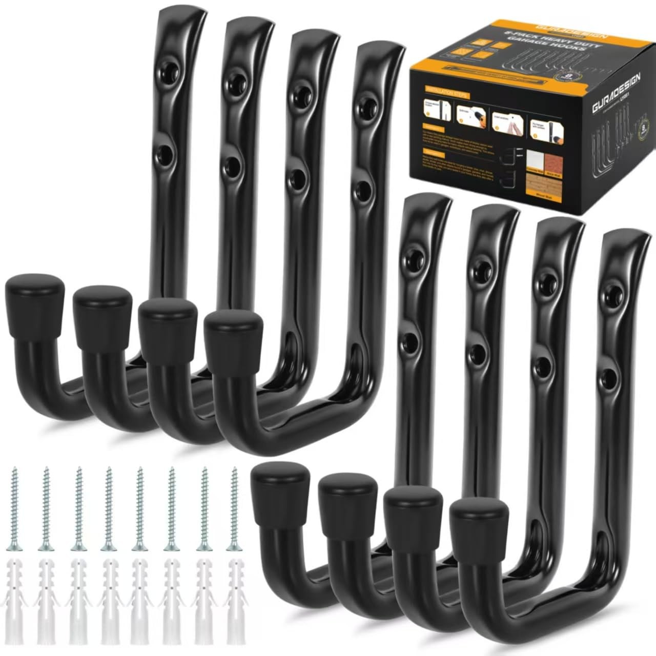 8 Pack Heavy Duty Garage Hooks 50lb Metal Wall J Hooks Black