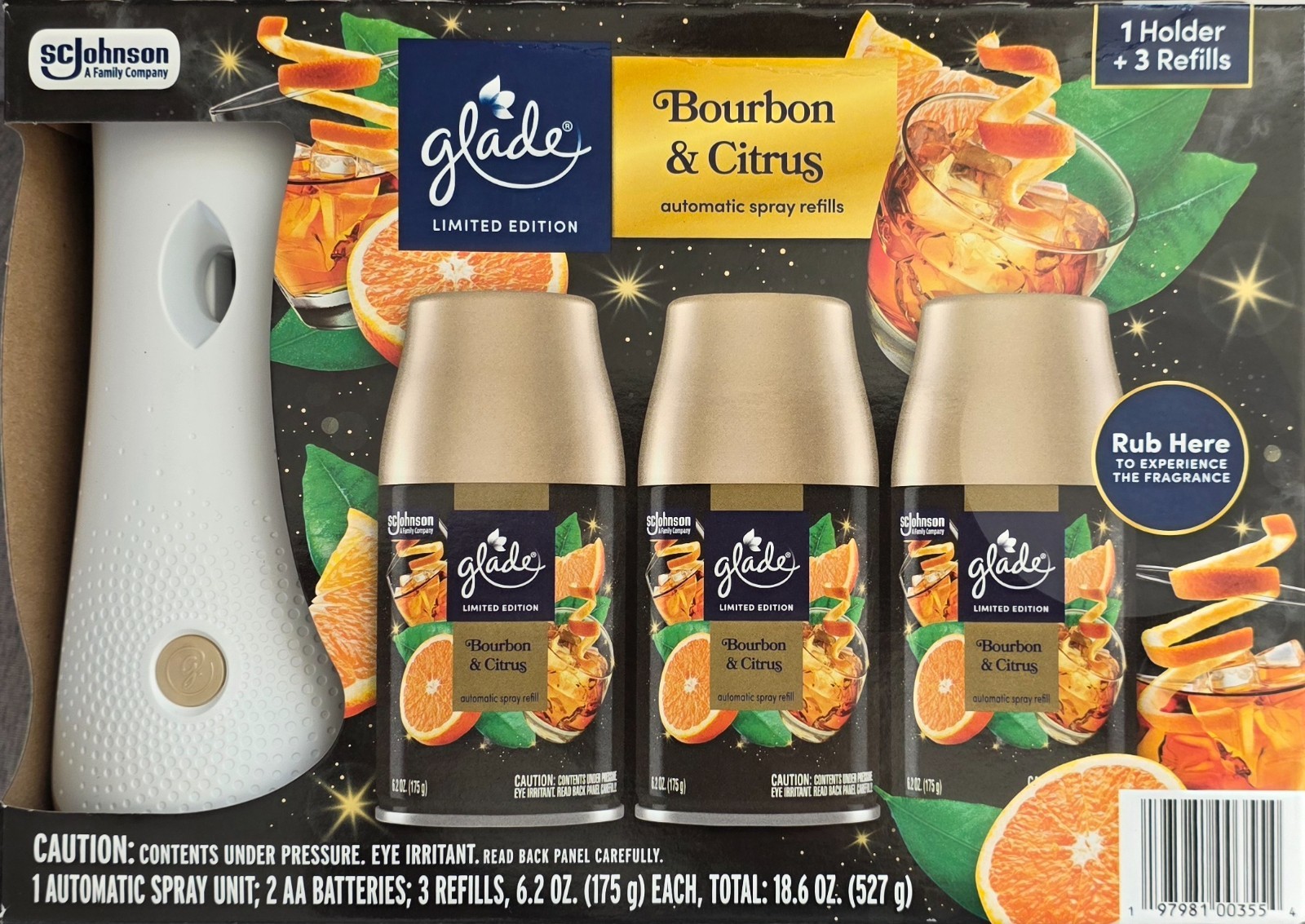 6 Glade Automatic Spray Refills ,Fireside Aged Bourbon, Limited Edition Oak Oil
