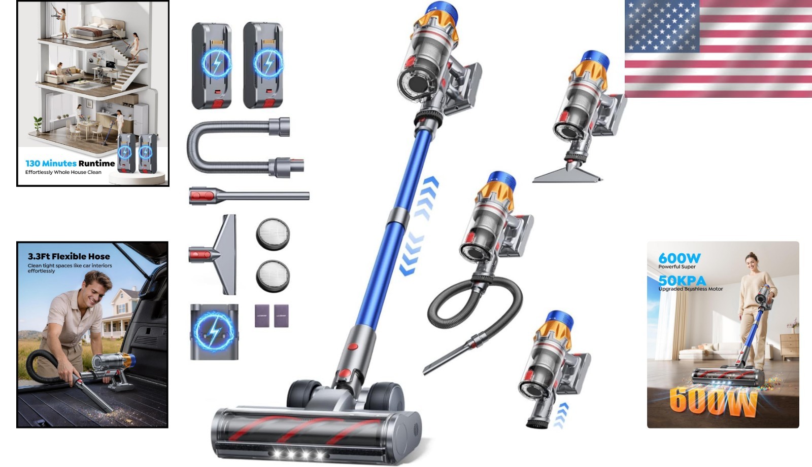 Cordless Vacuum Cleaner – 600W, Dual Batteries, 130-Min Runtime for Pets & Home