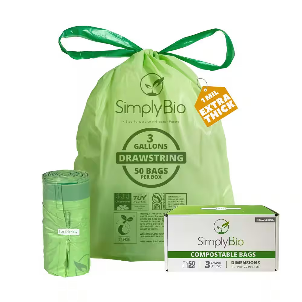 3 Gal. Compostable Trash Bags, Drawstring Heavy Duty 1 Mil., Small Kitchen Food