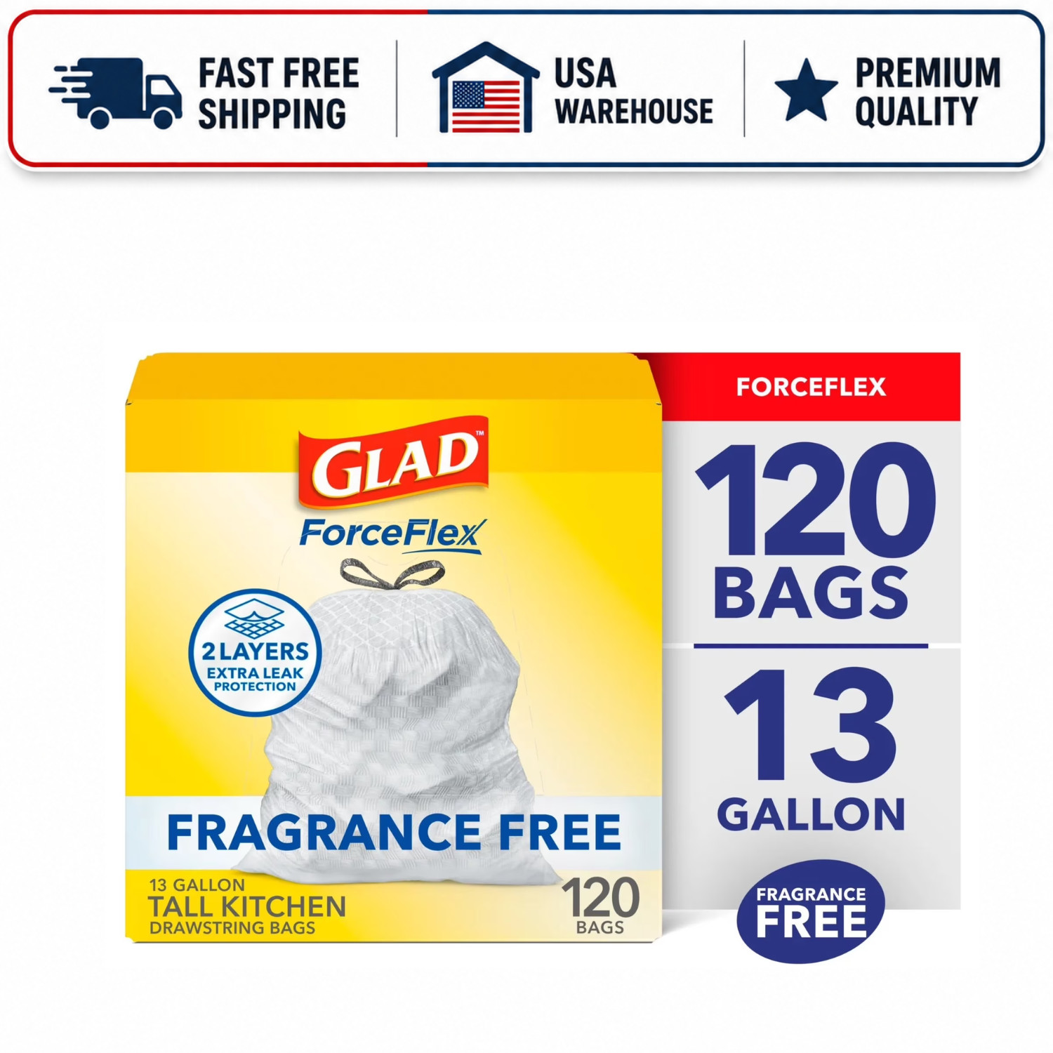 Glad ForceFlex 13 Gal Tall Kitchen Trash Bags Drawstring Fragrance Free, 120 Ct