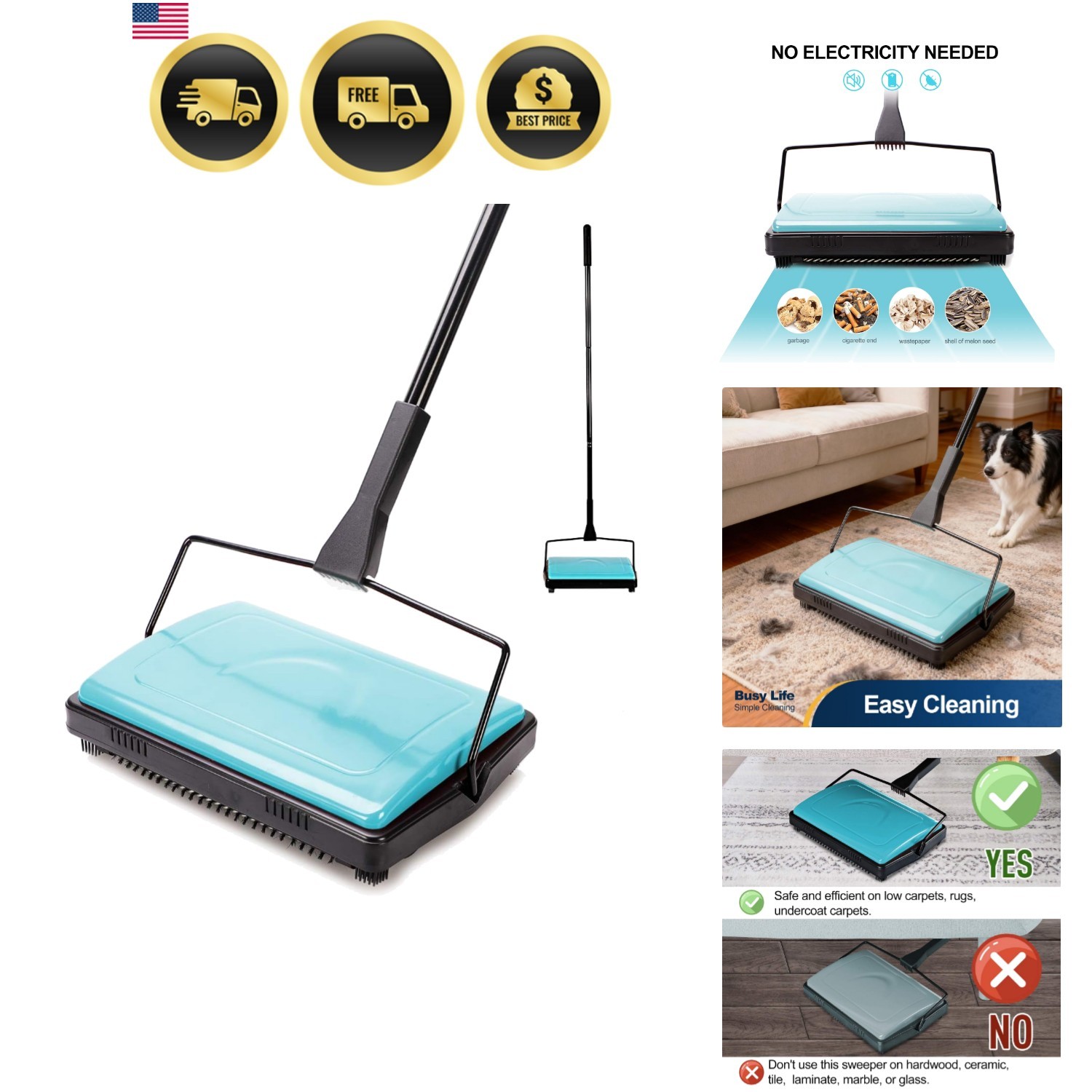 Carpet Sweeper Cleaner for Home Office Low&Undercoat Carpets Rugs Pet Hair Du…