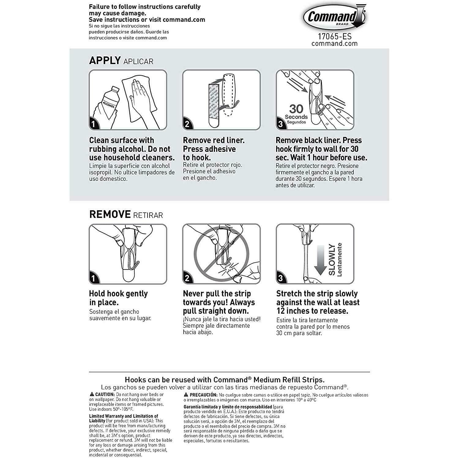 3 Packs 3M Command 2 Medium Clear Hooks & 4 Adhesive Strips Per Pack Max 2 lb