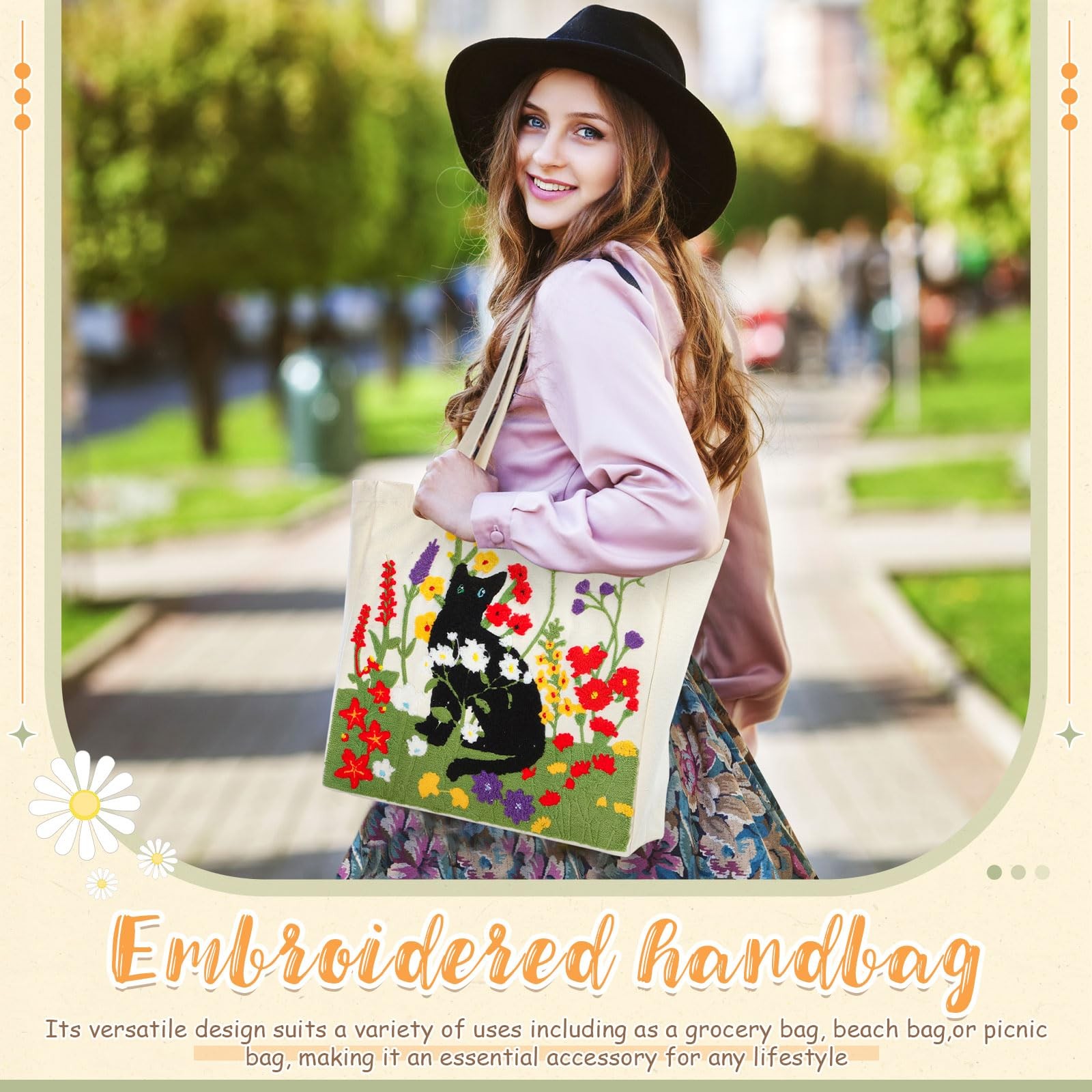 Floral Embroidery Tote Bag Reusable Pink Bow Cute Aesthetic Canvas Grocery Ba…