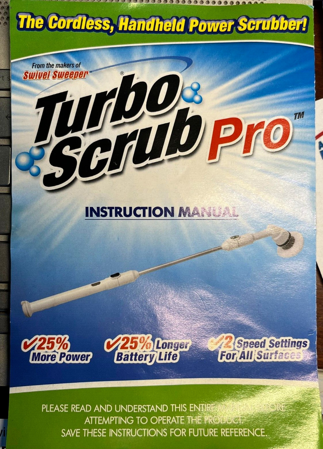 Turbo Scrub pro Cordless Handheld Power Scrubber w/ 3 head brush , no color box