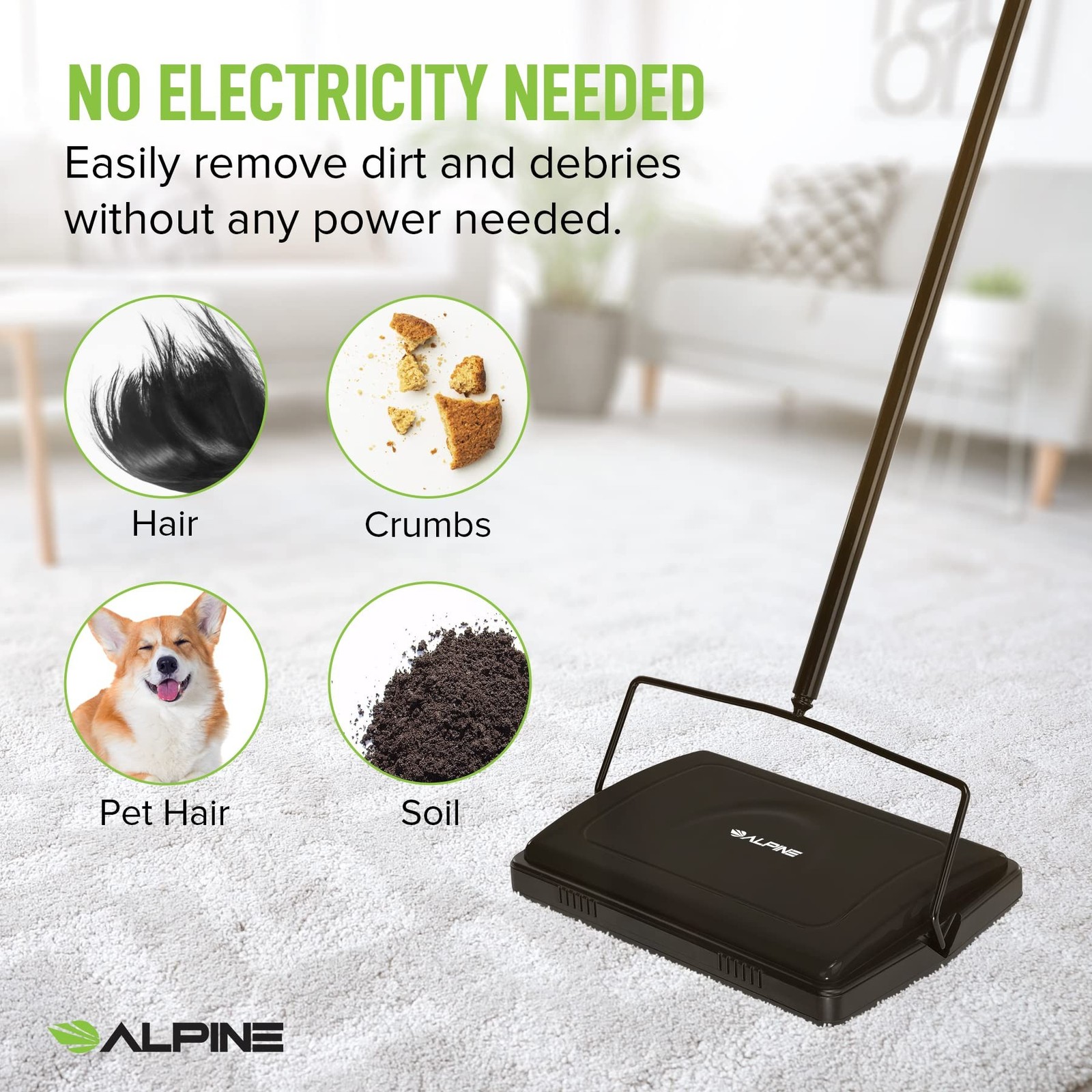Alpine Manual Carpet Sweeper Triple Brush – Cordless Non Electric Multi-Su