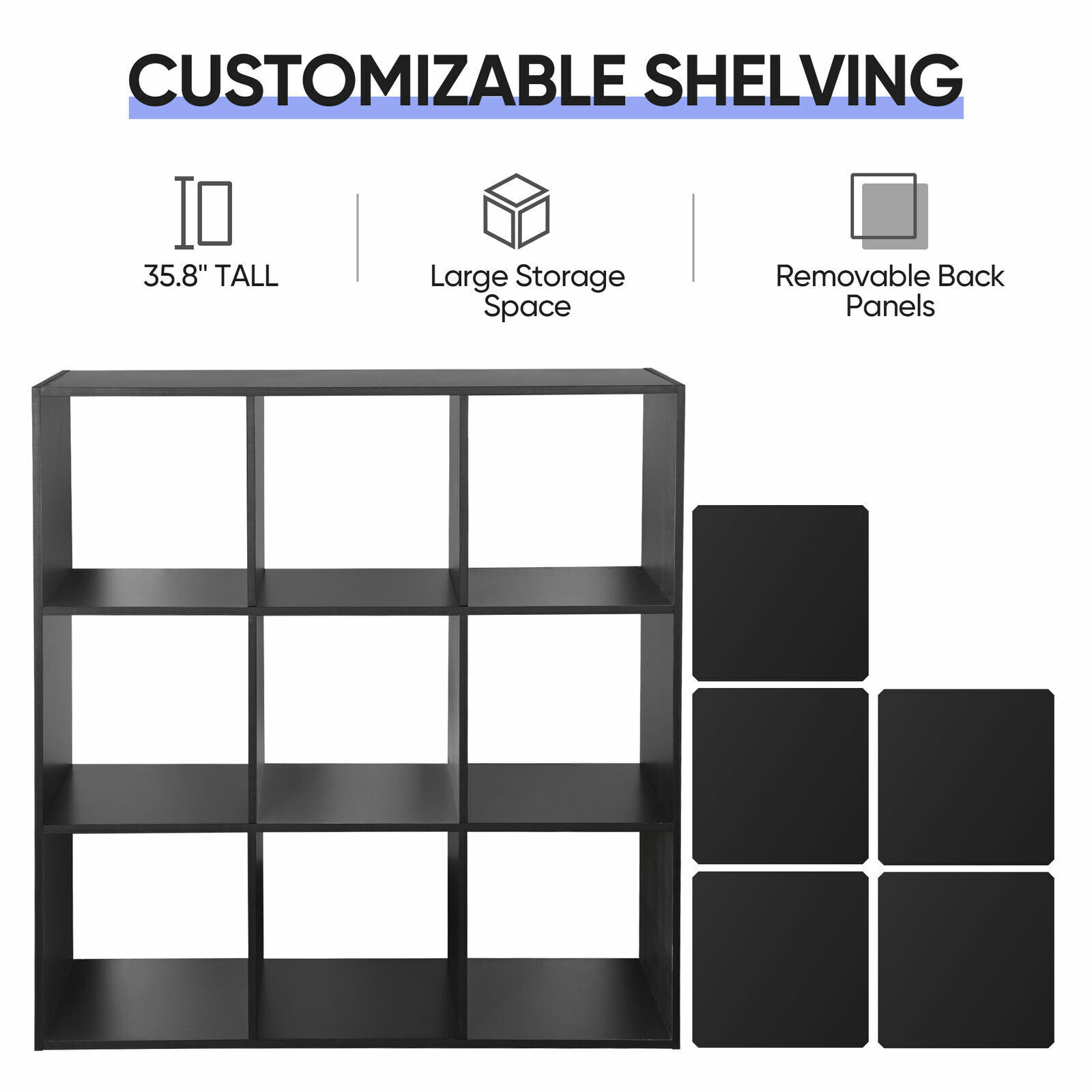 3 Tier 9-Cube Wooden Organizer Storage Cabinet Bookcase Shelving W/Back Panels