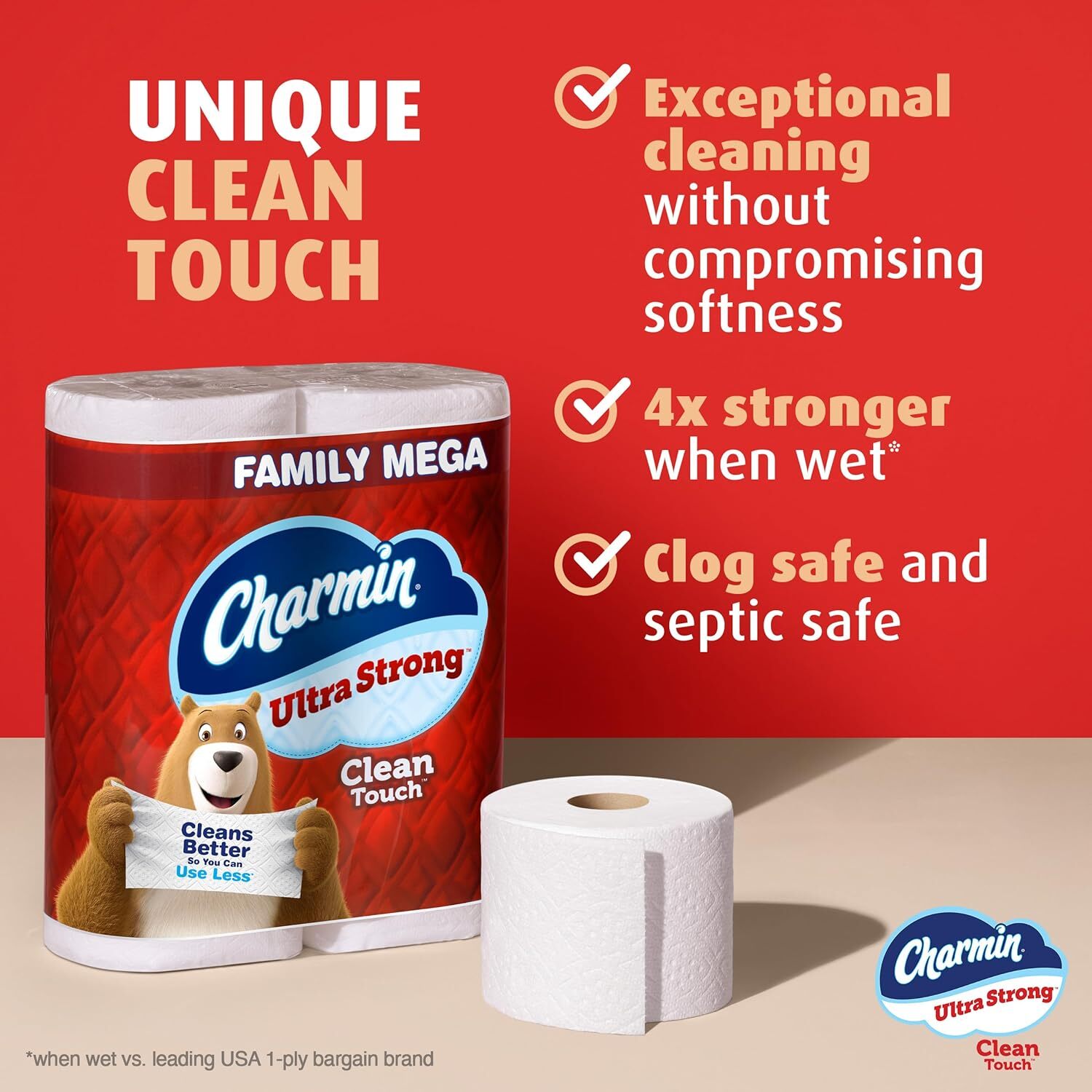 Charmin Ultra Strong Clean Touch Toilet Paper, 18 Family Mega Rolls 90 Regular