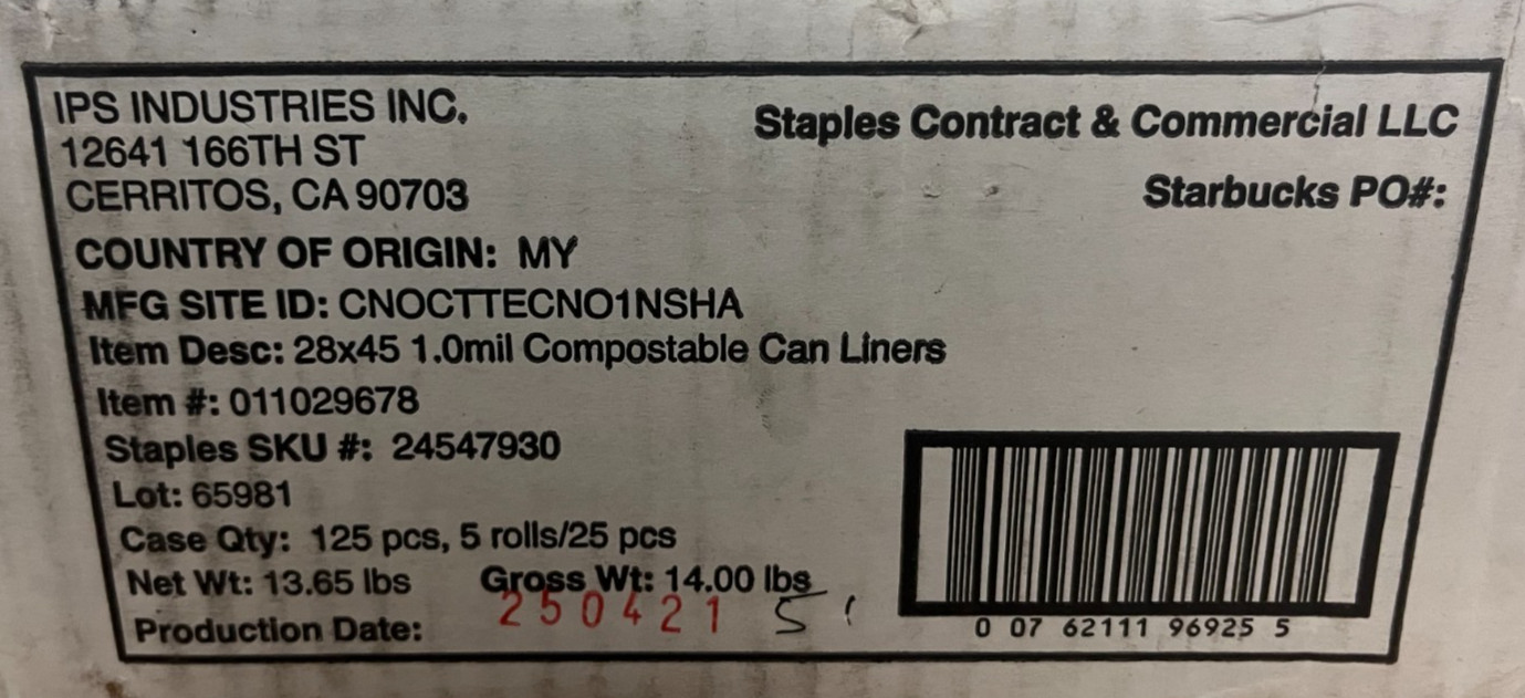BPI 28×45 1.0mil Compostable can liners 011029678 5 Rolls/25pc