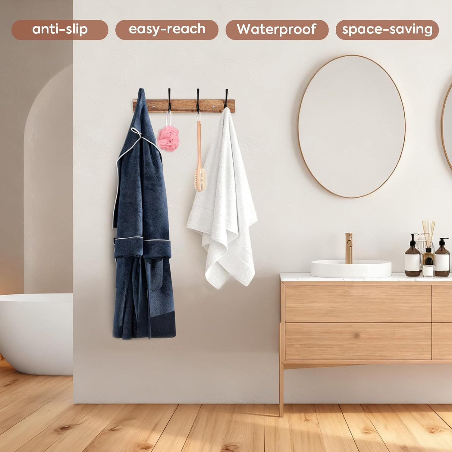 15 Inch Acacia Wood Coat Rack Wall Mount 4 Double Hooks Hat Towel Bag Holder