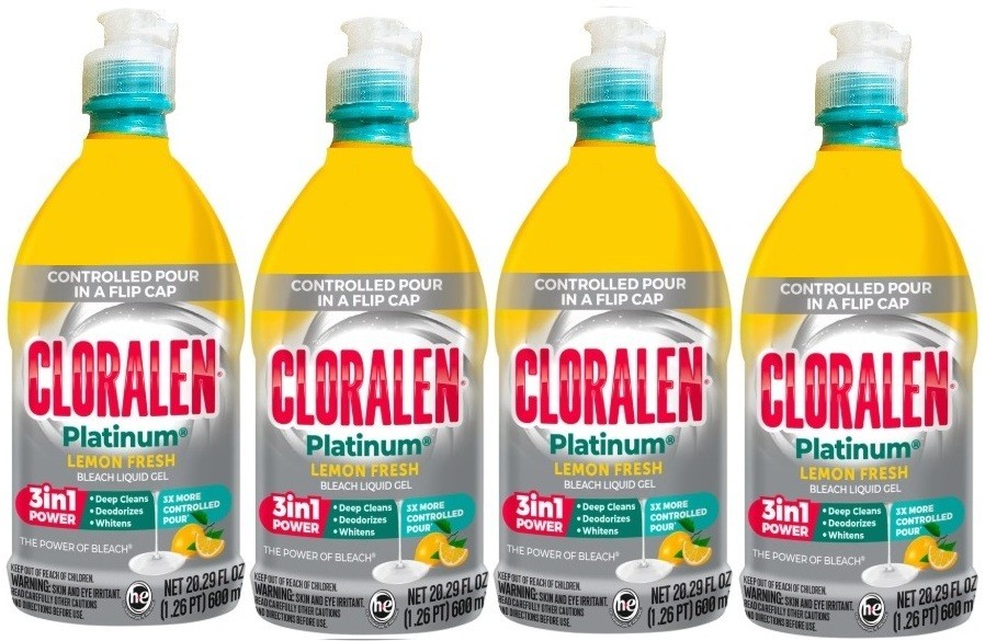 4 PACK- Cloralen Platinum 3-in 1 Power Liquid Bleach Gel, Lemon Fresh 20.29 Oz.