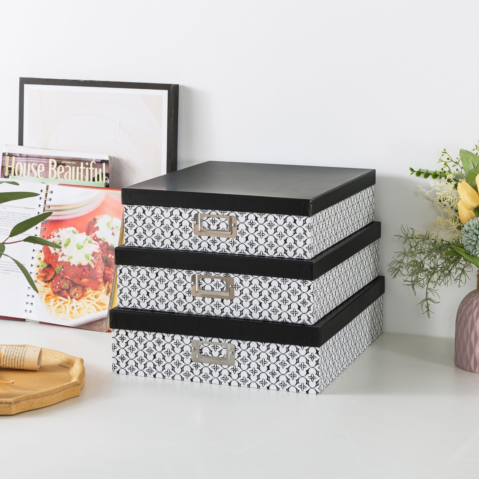Black and White Decorative Storage Boxes with Lids for Organizing, Set of 3 J…