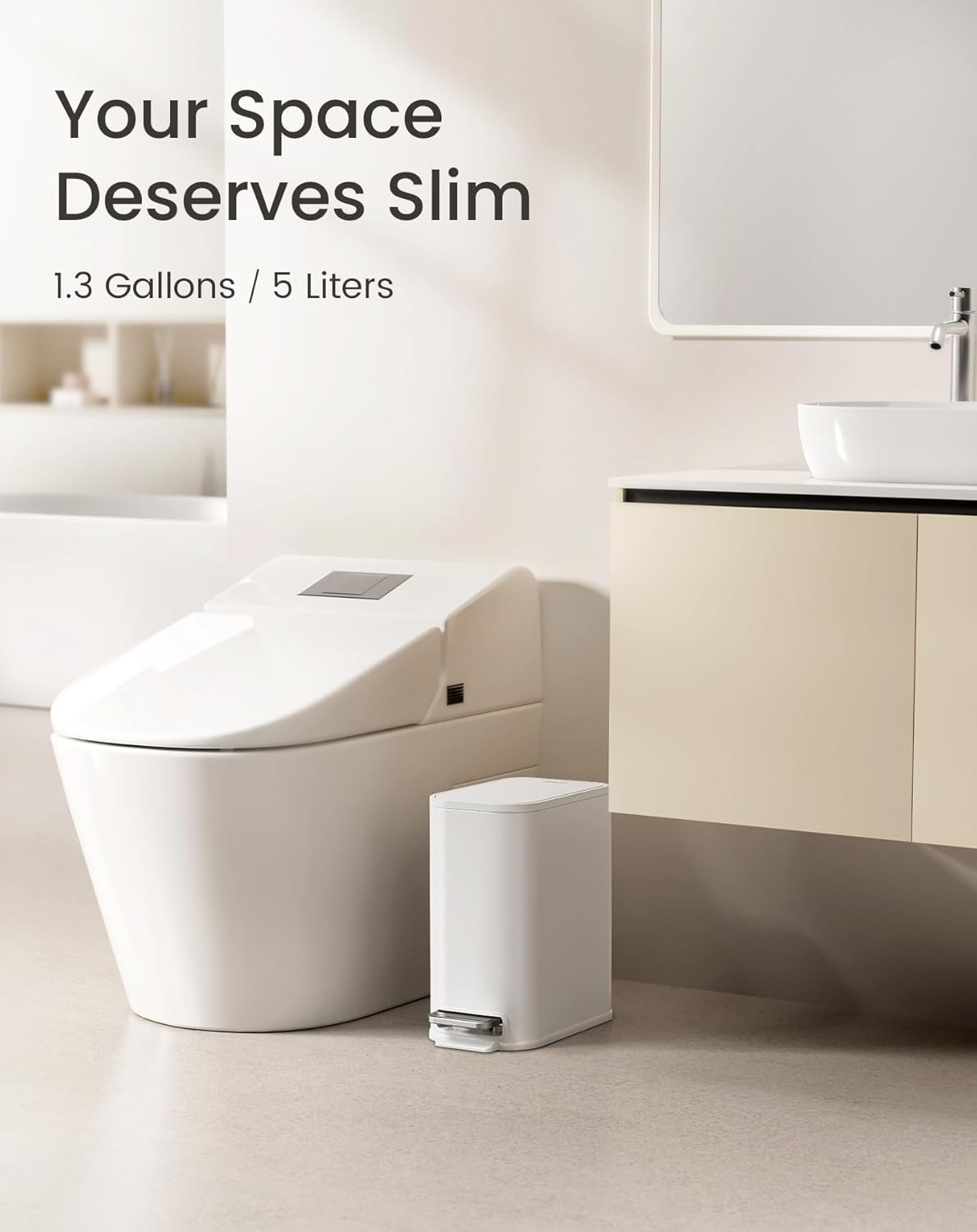 Small Bathroom Trash Can with Lid Soft Close & Pedal, 1.3 Gal, White | Removable