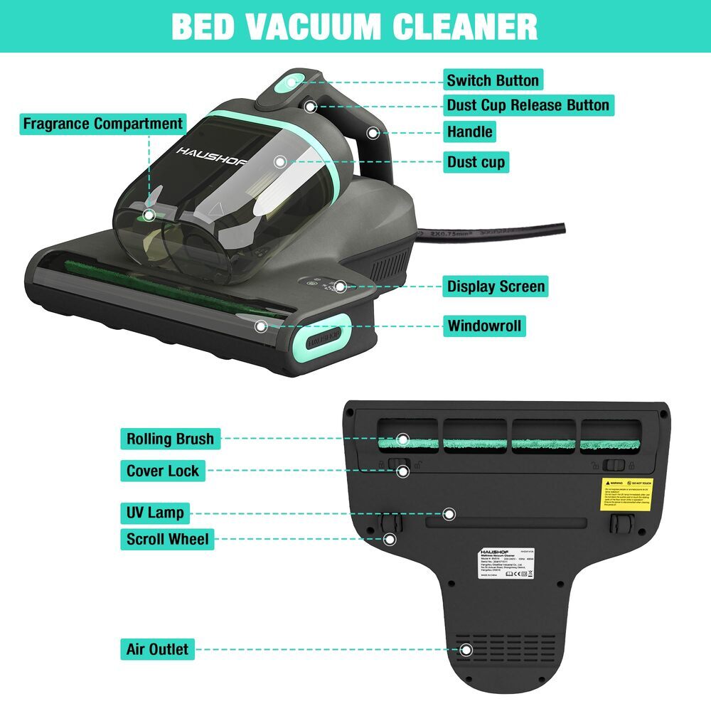 HAUSHOF 400W Mattress Vacuum Cleaner 15Kpa 275nm UV-C Light 140°F Heat Dual Cups