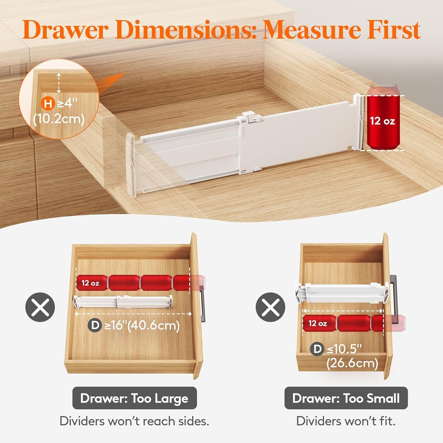 Paquete de 9 divisores de cajones de 10 cm de alto y 26,5-42,9 cm para cómodas.