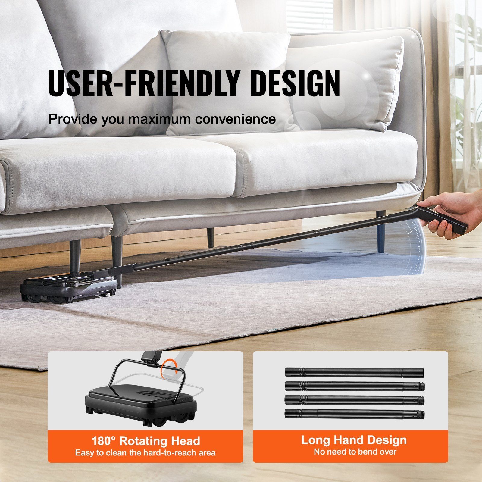 Carpet Sweeper 7.87in Path 300ml Dustbin Non-Electric for Home Office Floors