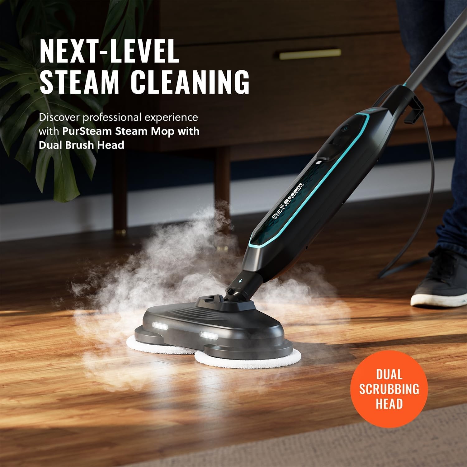 Pursteam ScrubMaster Steam Mop with Dual Scrubbing Head, LED Headlights