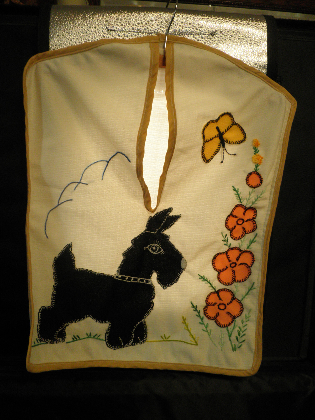 1930 Lingerie bag applique embroidery Scotty dog Scottie