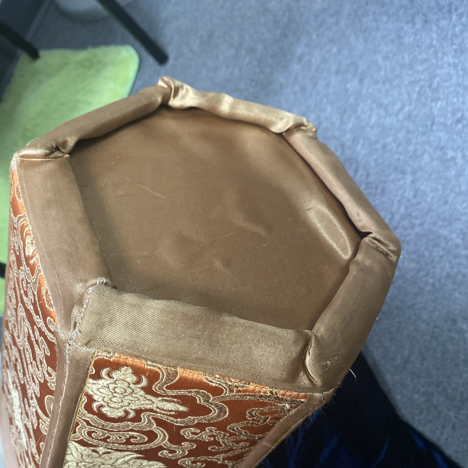 VTG Chinese Silk Brocade Hexagonal Waste paper Trash Basket Mcm 11.5x9x8″