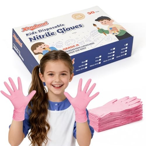 Kids Nitrile Gloves for 6-10 Years, 5Mil Pink Disposable Small Pink of 50pcs