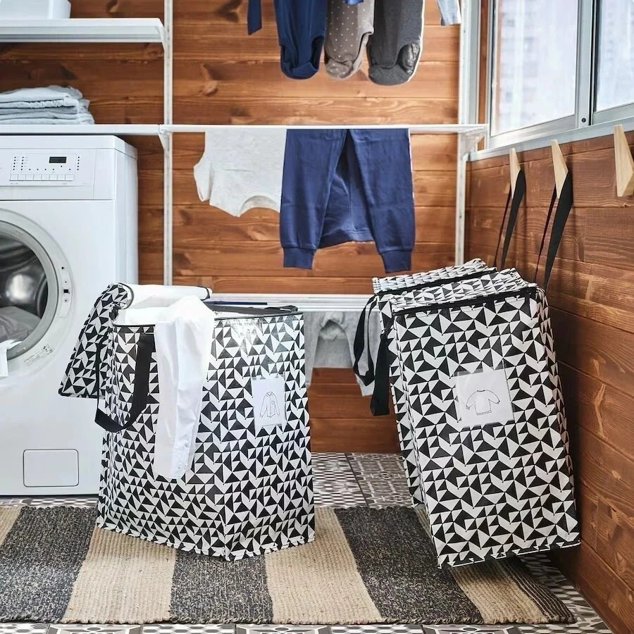 IKEA Zipped Bag Laundry Groceries Storage Black/White 15 ¾x9 ¾x18 ½ ” 12 Gal 1PC