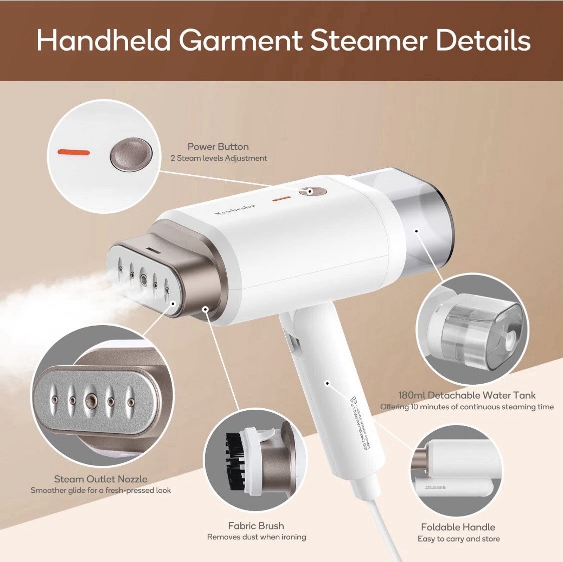 Newbealer Travel Garment Steamer 1200W White Gold 120V