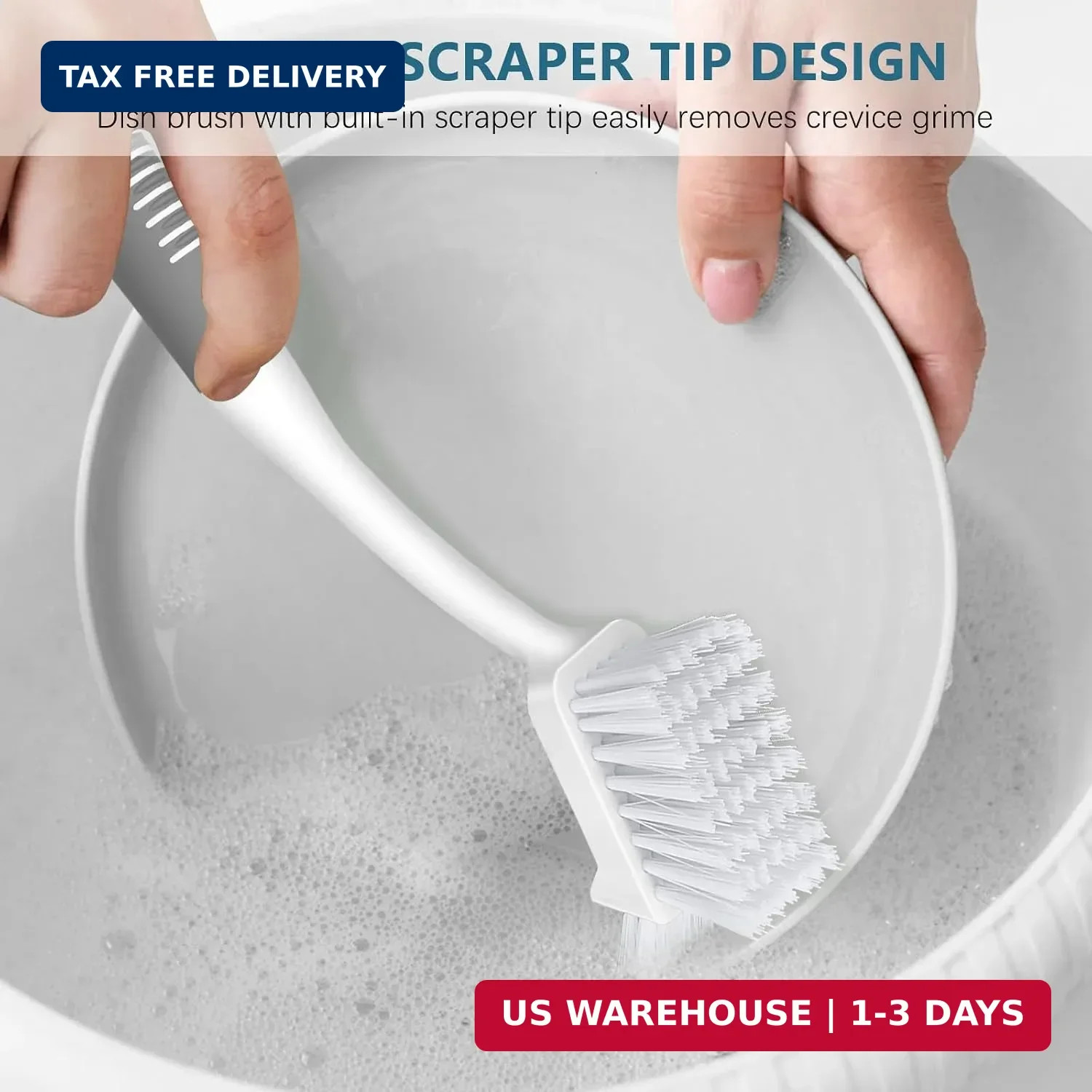 3 Pack Dish Brush Set, Long Handle Kitchen Scrub Brush, Gray | Built-In Scraper