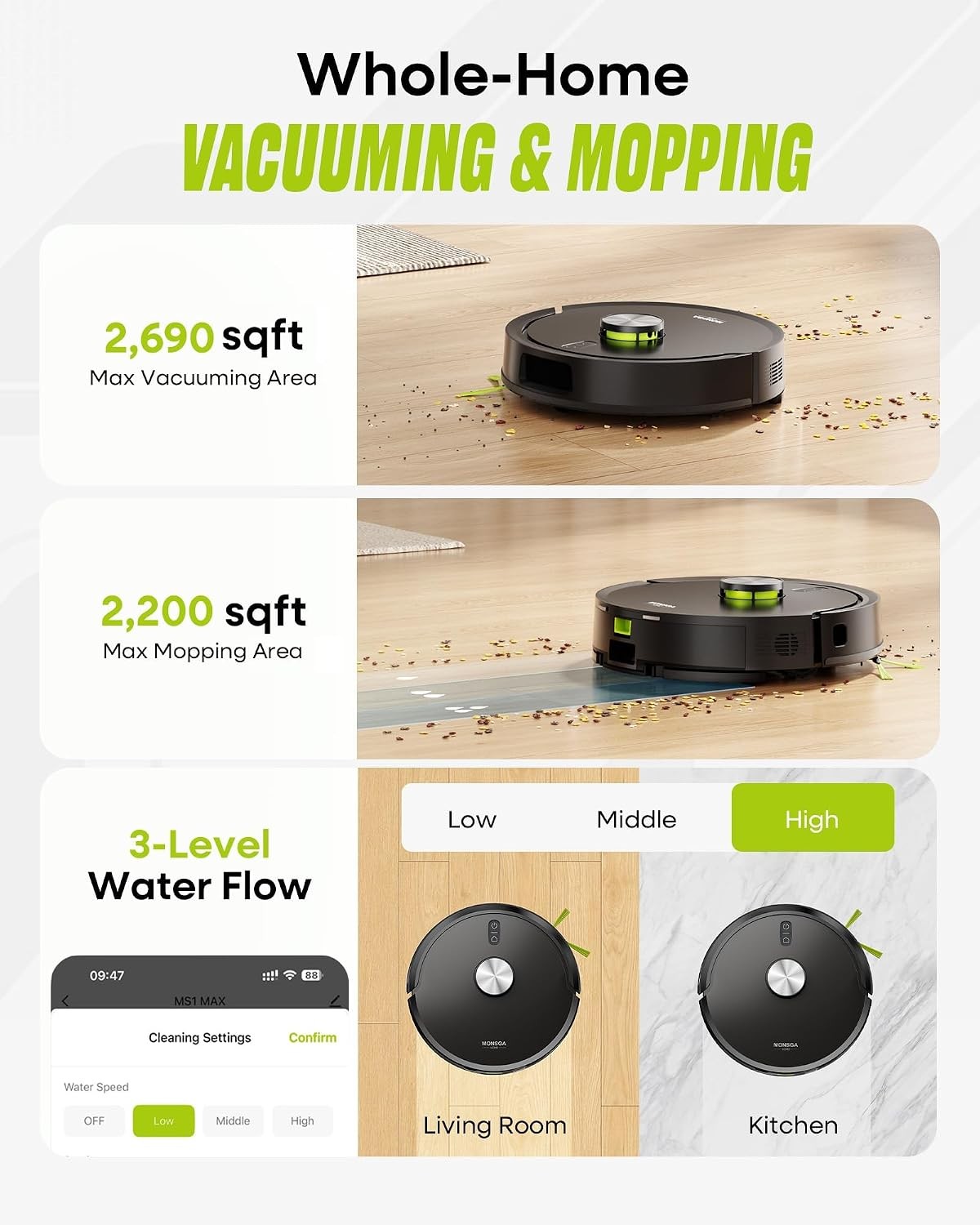 MONSGA Robot Vacuum Mop Self-Empty 8000Pa LiDAR Pet Hair App Voice Control