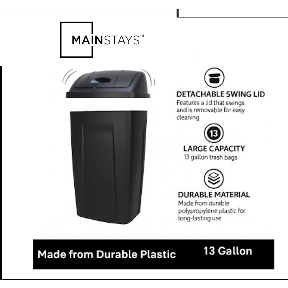 Kitchen Trash Can, 13 Gallon Plastic Garbage Bin with Swing Top Lid, Black