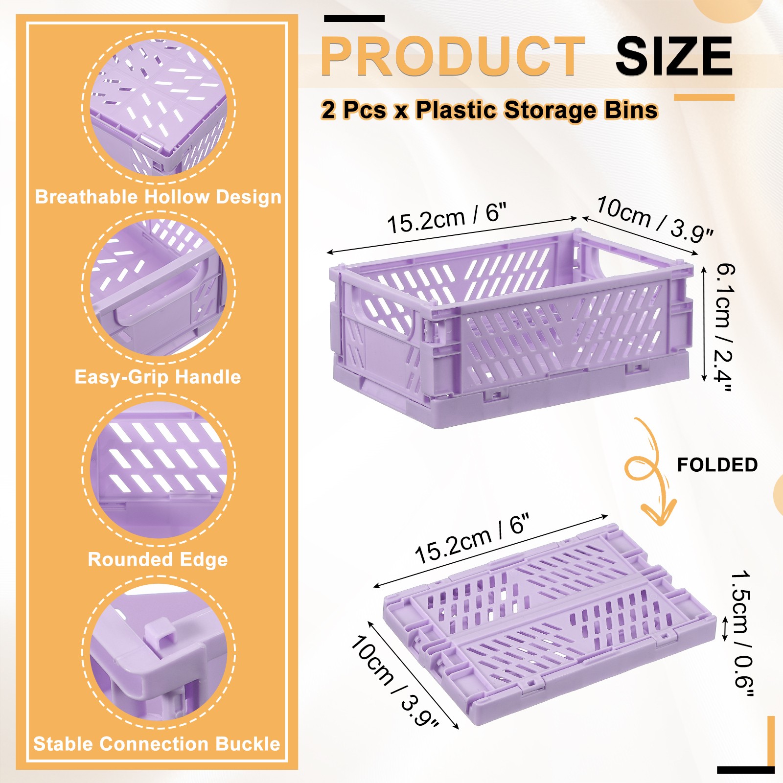 2Pcs Plastic Storage Baskets Stackable Bins(6 x 3.9 x 2.4″ Purple)