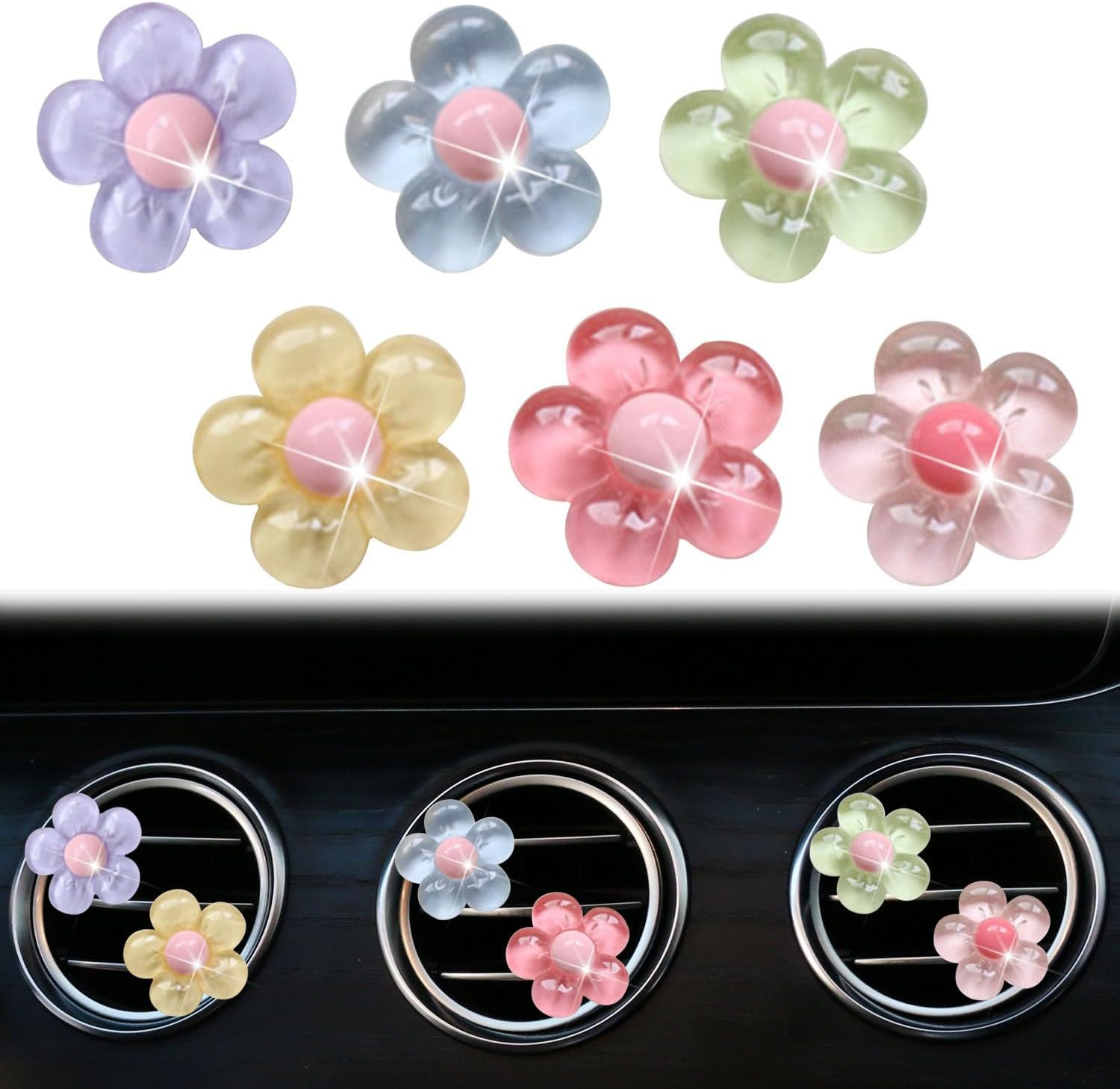 6Pcs Multicolor Pentapetal Flower Car Accessories for Women, Flower Cars Air Ven