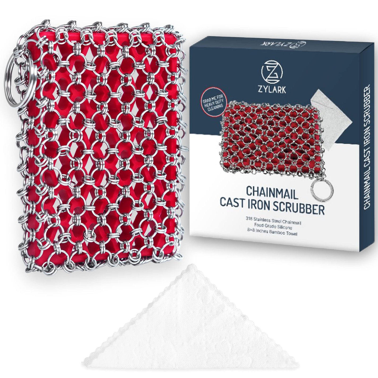 Cast Iron Scrubber Chainmail – 316L Cleaner Large, Red and Silver