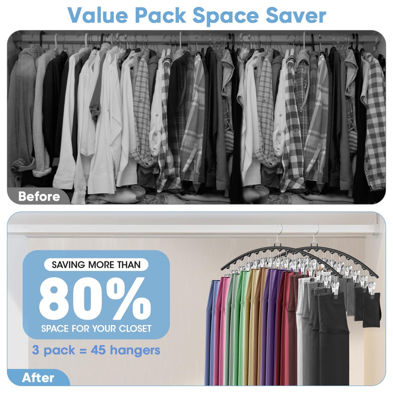 6 Pack Legging Organizer For Closet Hanging Pants Hangers With 15 Clips Holds 45