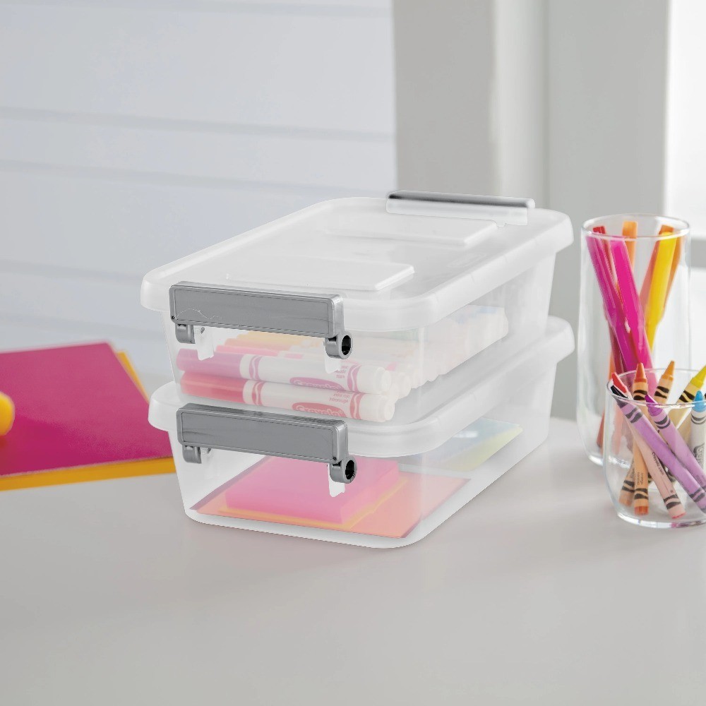 2-Pack Modular 2.7 Quart Latching Storage Bins with Write-On Lid, Clear Plastic