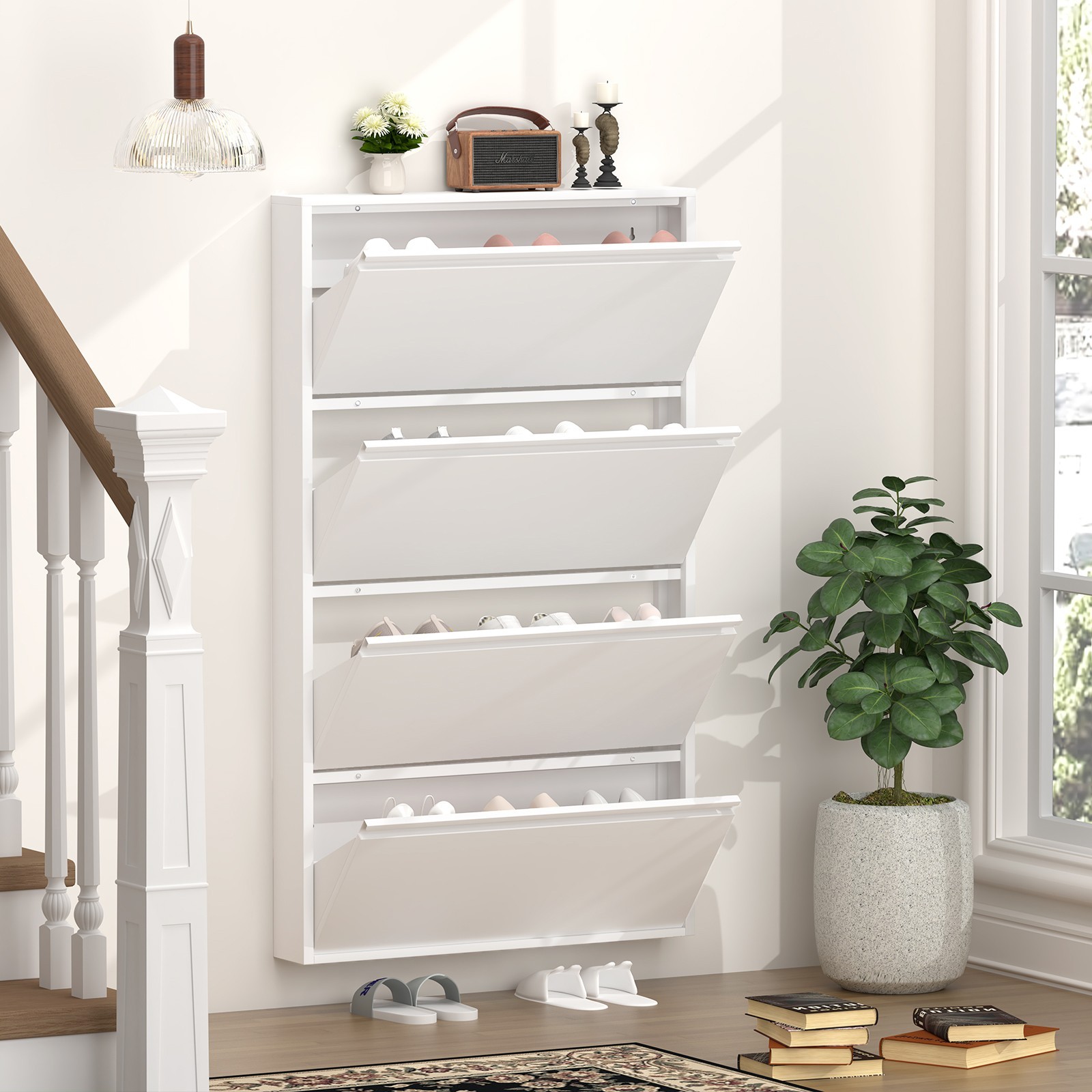 Metal Shoe Cabinet with 4 Flip Drawers, Wall Mount Shoe Organizer for Entryway