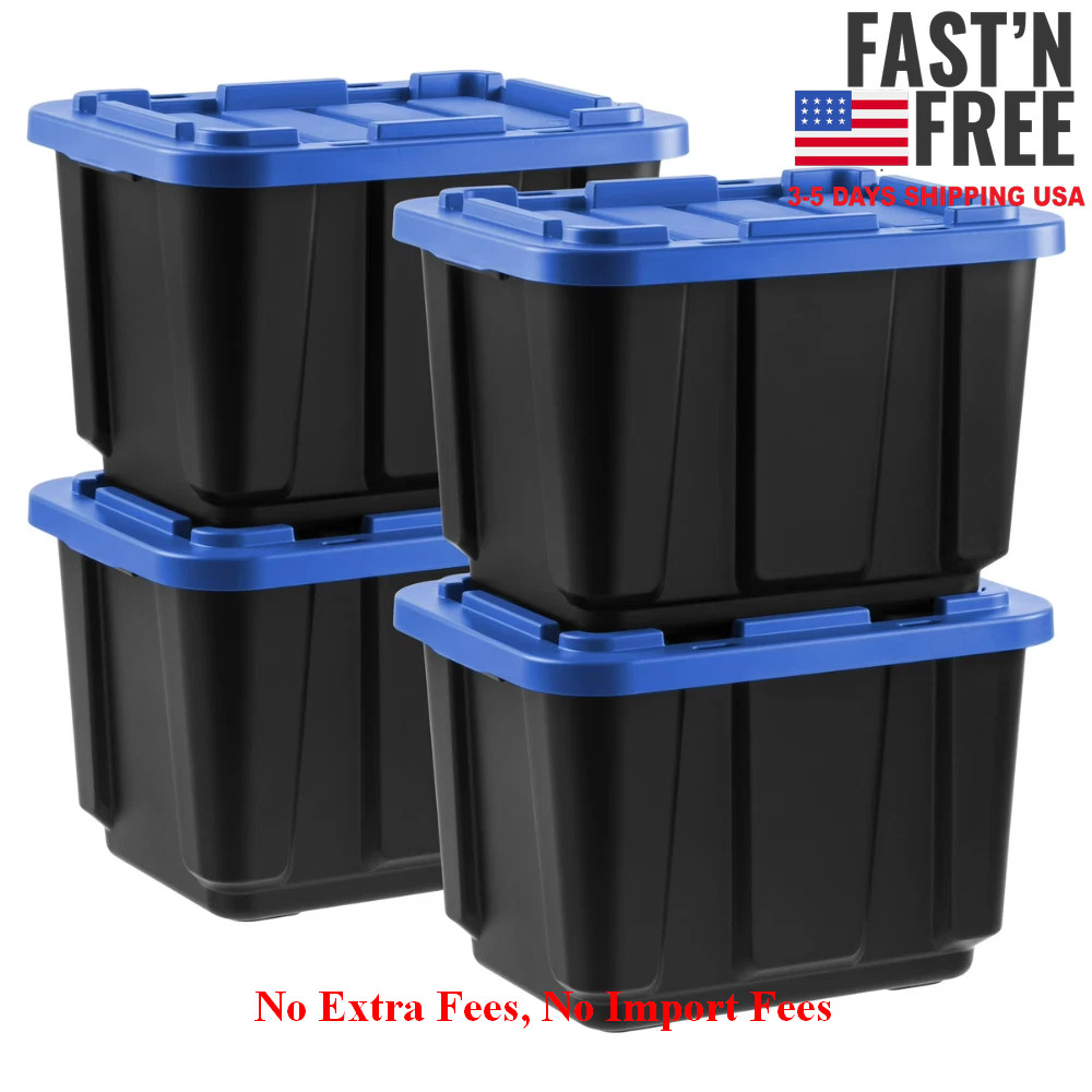 IRIS USA 12 Gal, Stackable Storage Totes, Plastic Bin with Lids, Black/Blue, 4PK