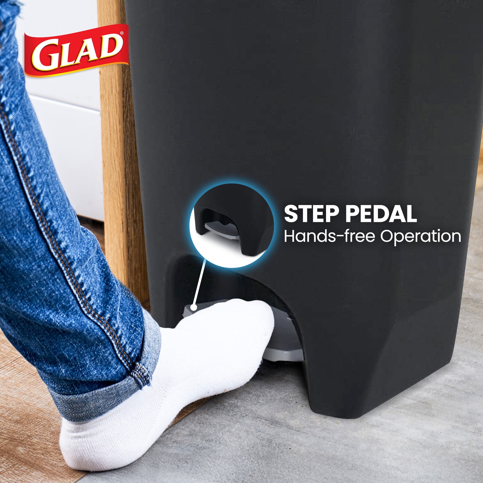 Glad Trash Can w/Lid, Foot Pedal & Garbage Bag Rings, 13 Gal, Black (Open Box)