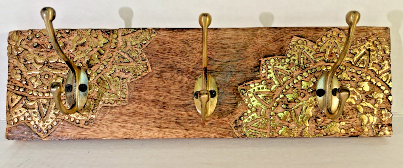 15 x 3/4 x 4-1/2 in Handmade Brass Imbedded Wood Coat or Hat Rack