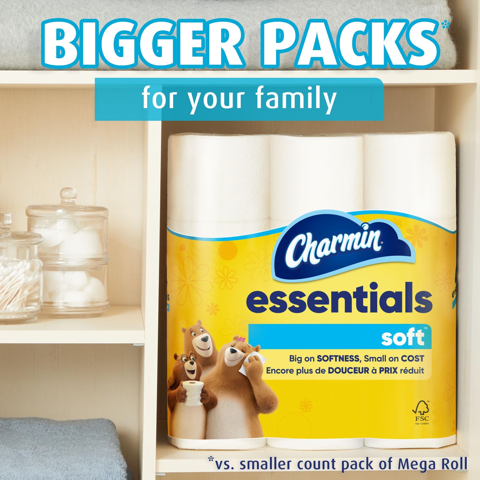 Charmin Essentials Soft Toilet Paper 6 Mega 6 Rolls (330 Sheets), No Color