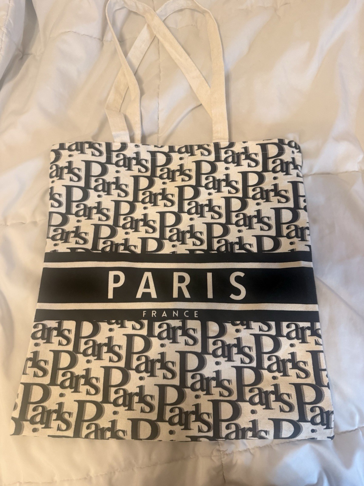 Paris France Foldable Canvas Tote Bag White Black All-Over Pattern