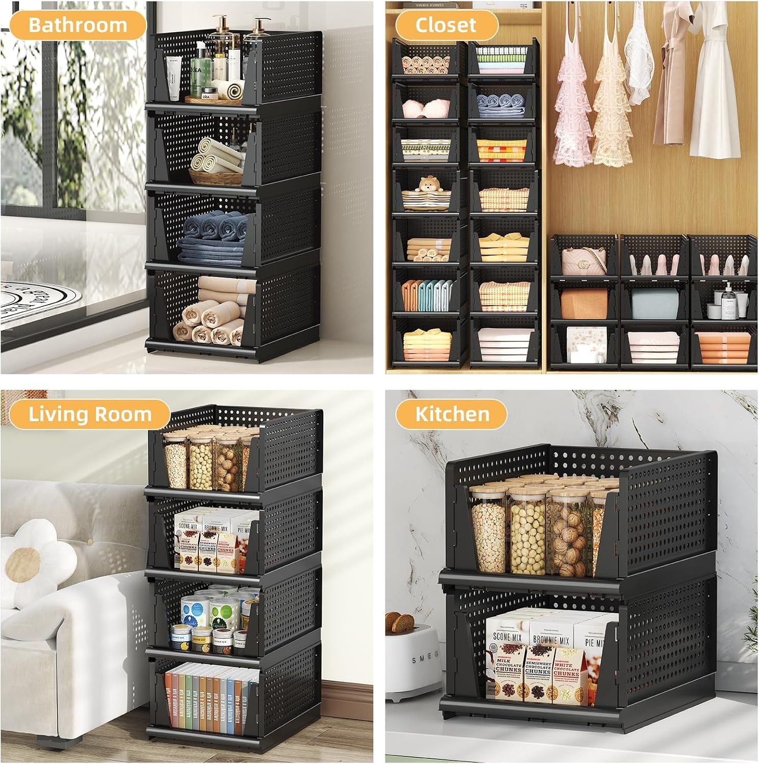 Folding Closet Organizer and Storage for Shelves, 5 Pack Stackable Plastic