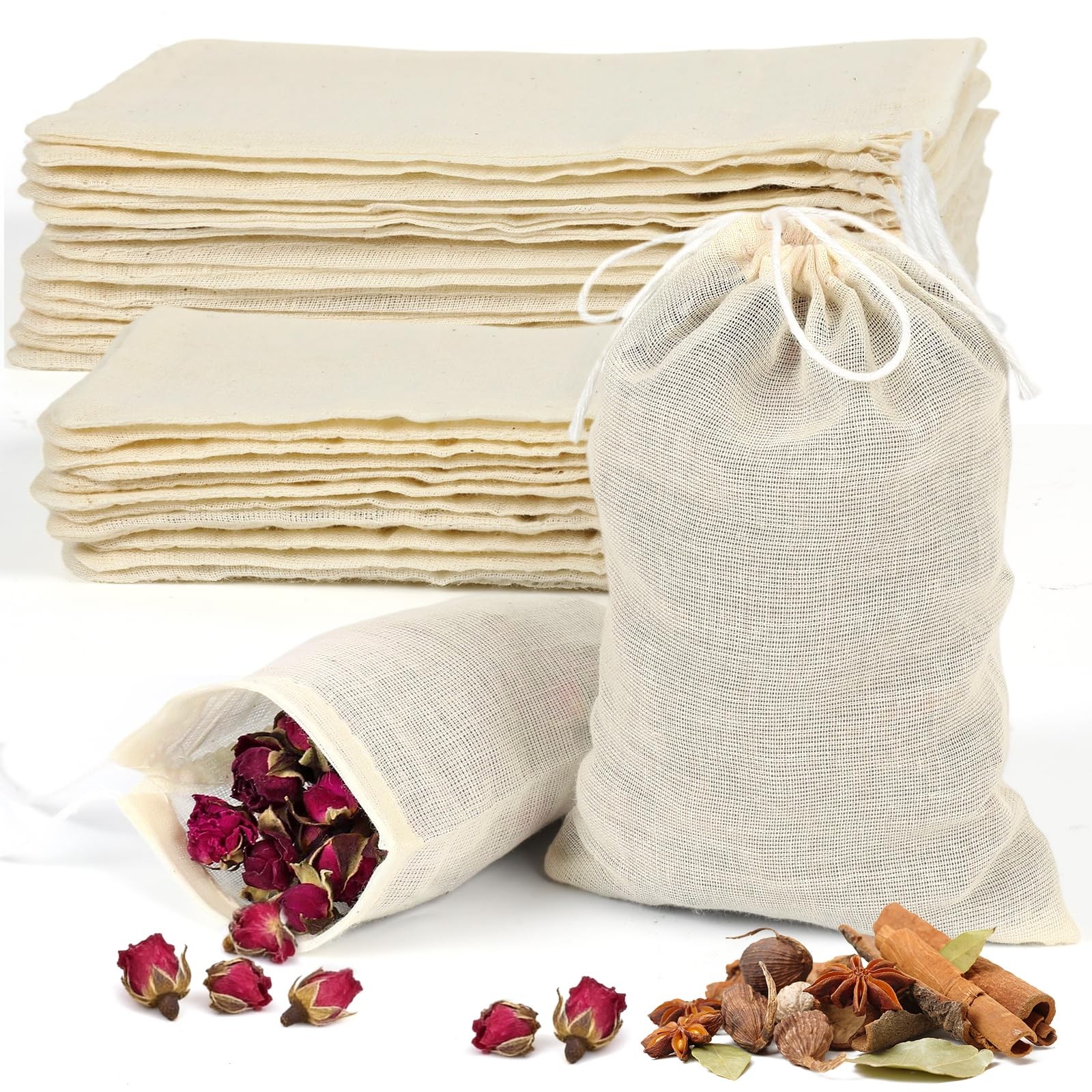 Uefegrs Reusable Muslin Tea Bags: 30pcs 3x4inch and 4x6inch, Off-White