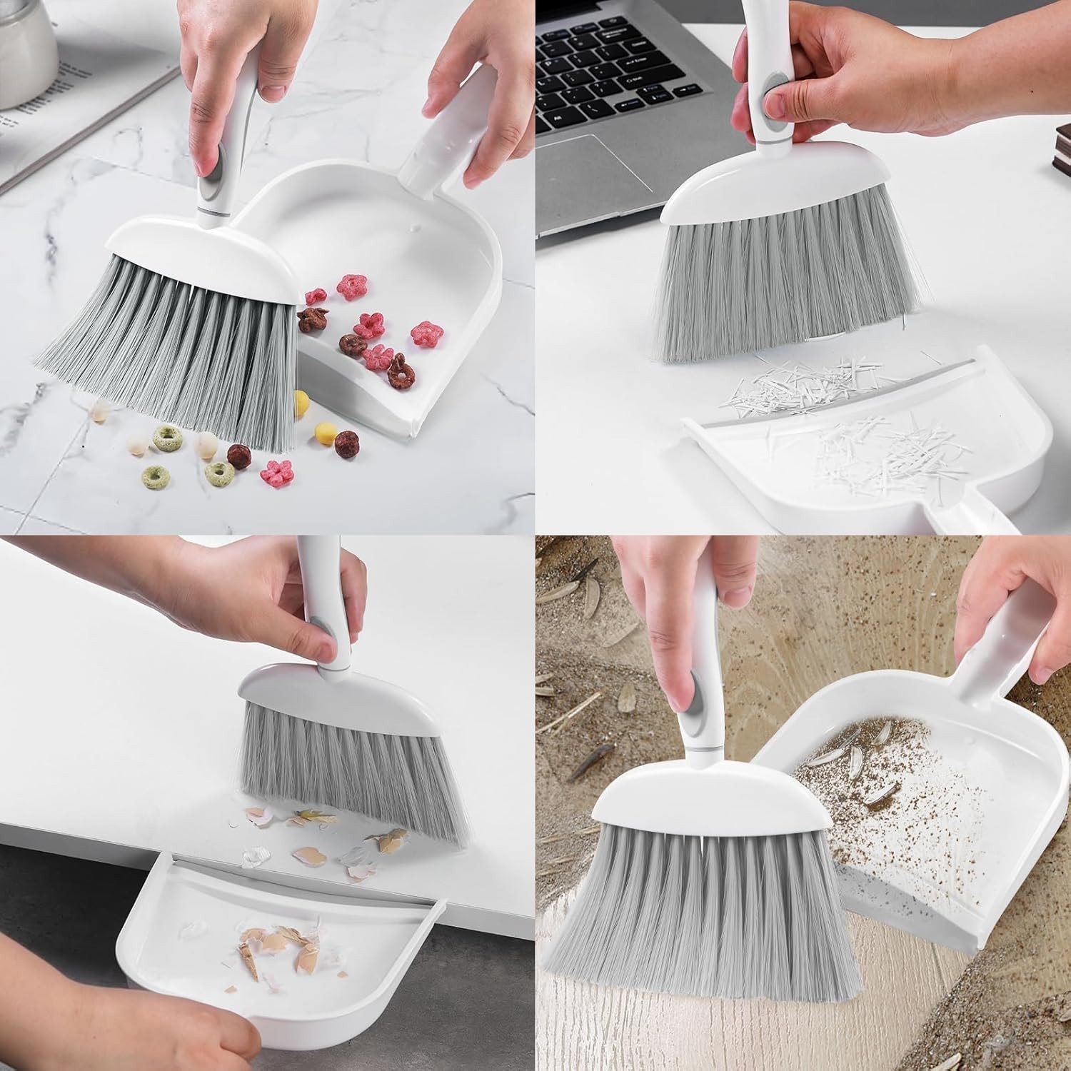 Small Dust Pan and Brush Set – Mini Broom and Dustpan Combo, White & Gray